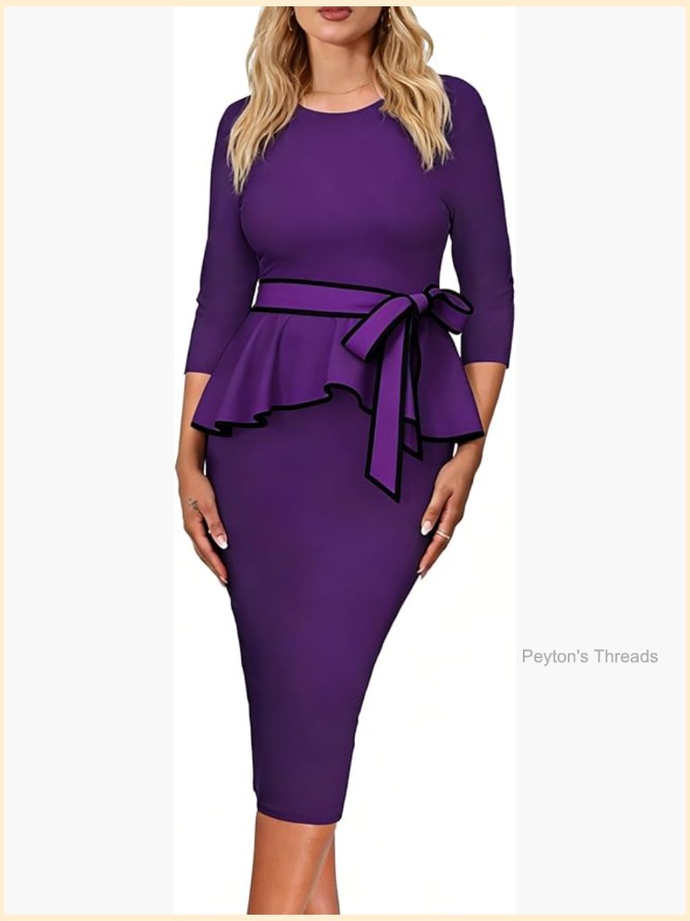 Vintage Church Bodycon Peplum Crew Neck Work Midi Pencil Dress